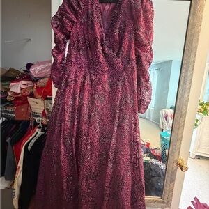 Mac Duggal Long Sleeve Sequin Gown in Deep Purple